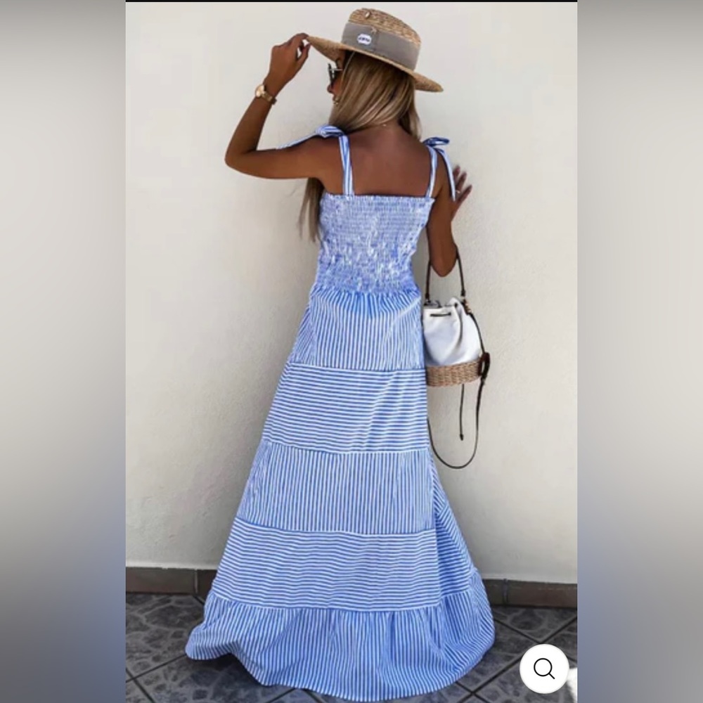 MARTINE Shirred Striped Maxi Dress - BLUE NWT - Picture 7 of 10